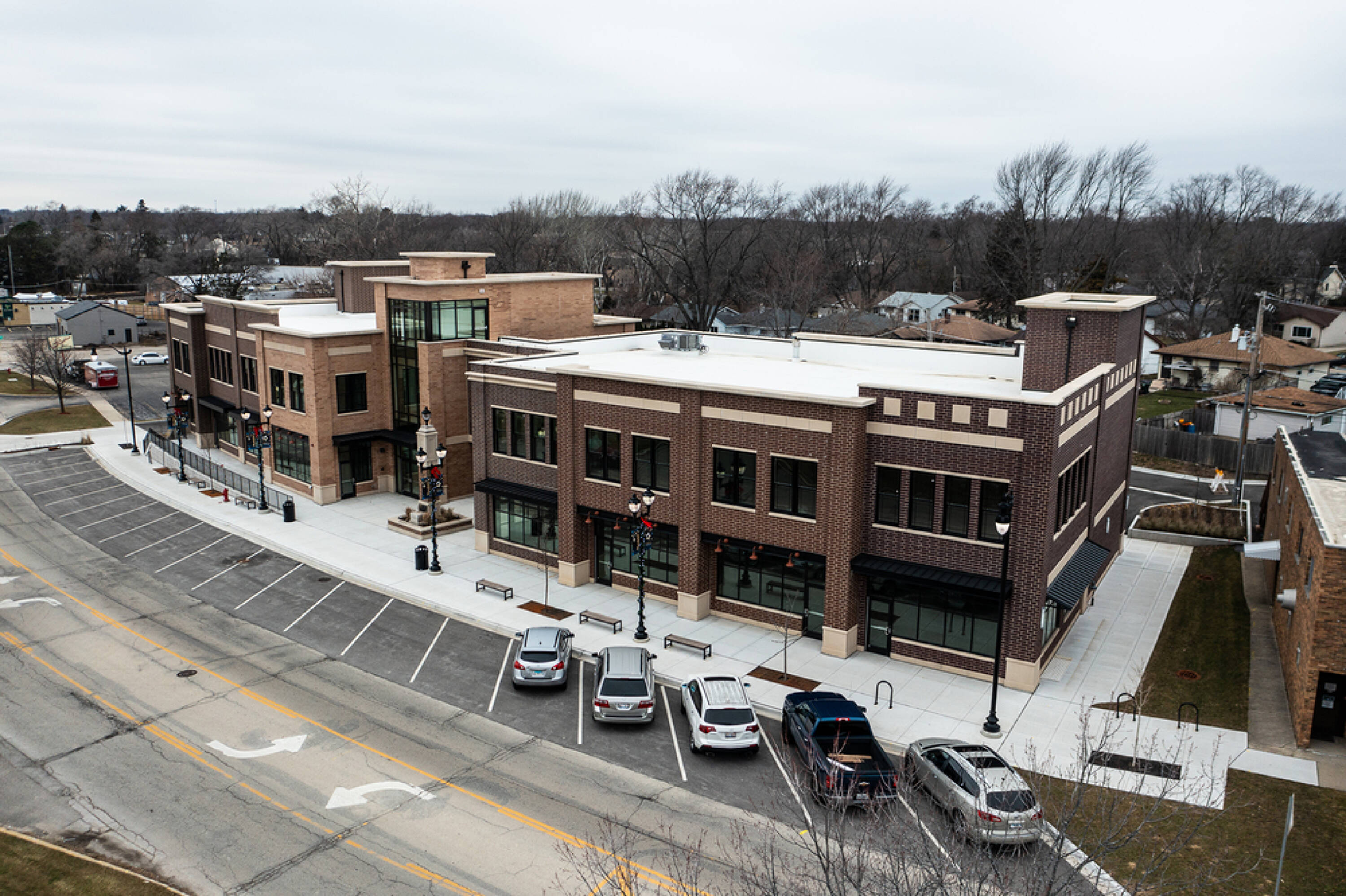 Aerial view of Downtown Mundelein, Illinois commercial district