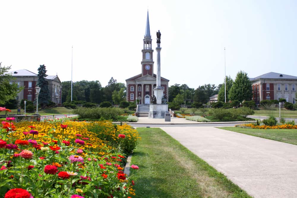 University of Saint Mary of the Lake seminary campus with flower gardens